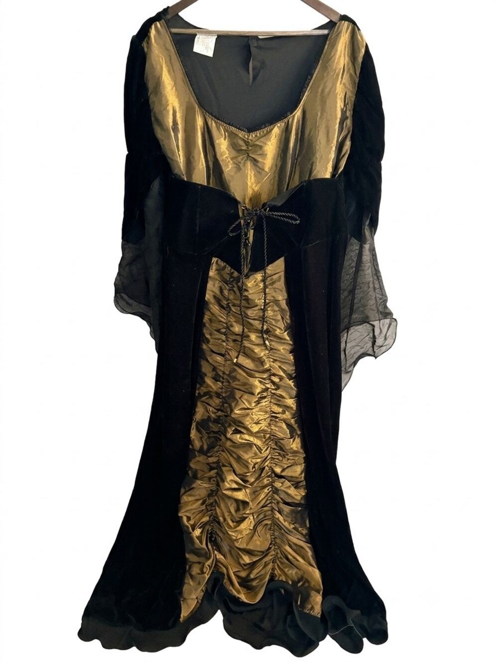 Gothic Medieval Renaissance Dress Gold Ruched Velvet Bell Sleeve Corset Gown